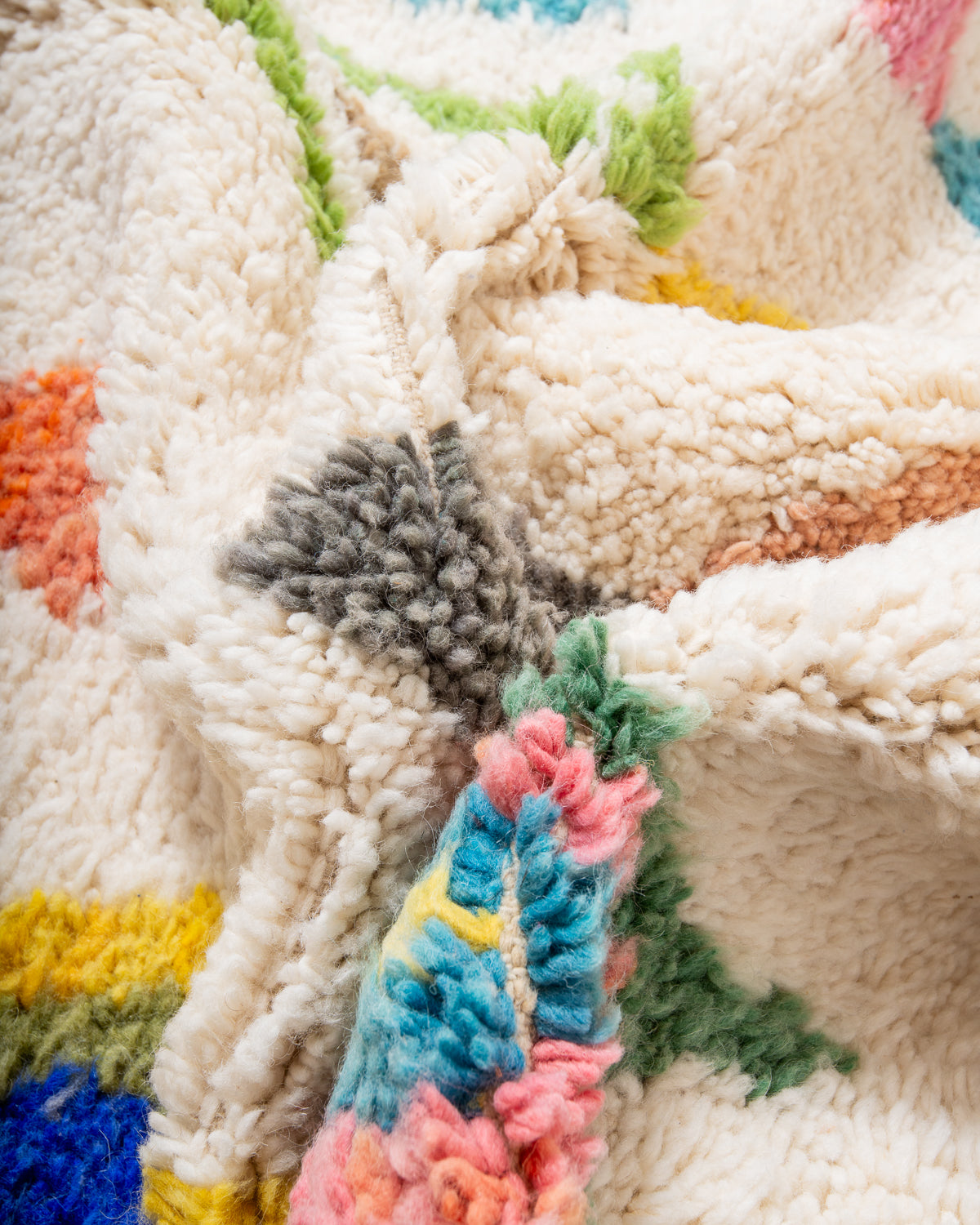 Modern, designer, handcrafted Berber rug from Morocco. Beniourain carpet with beautiful colours and patterns and fluffy wool texture.